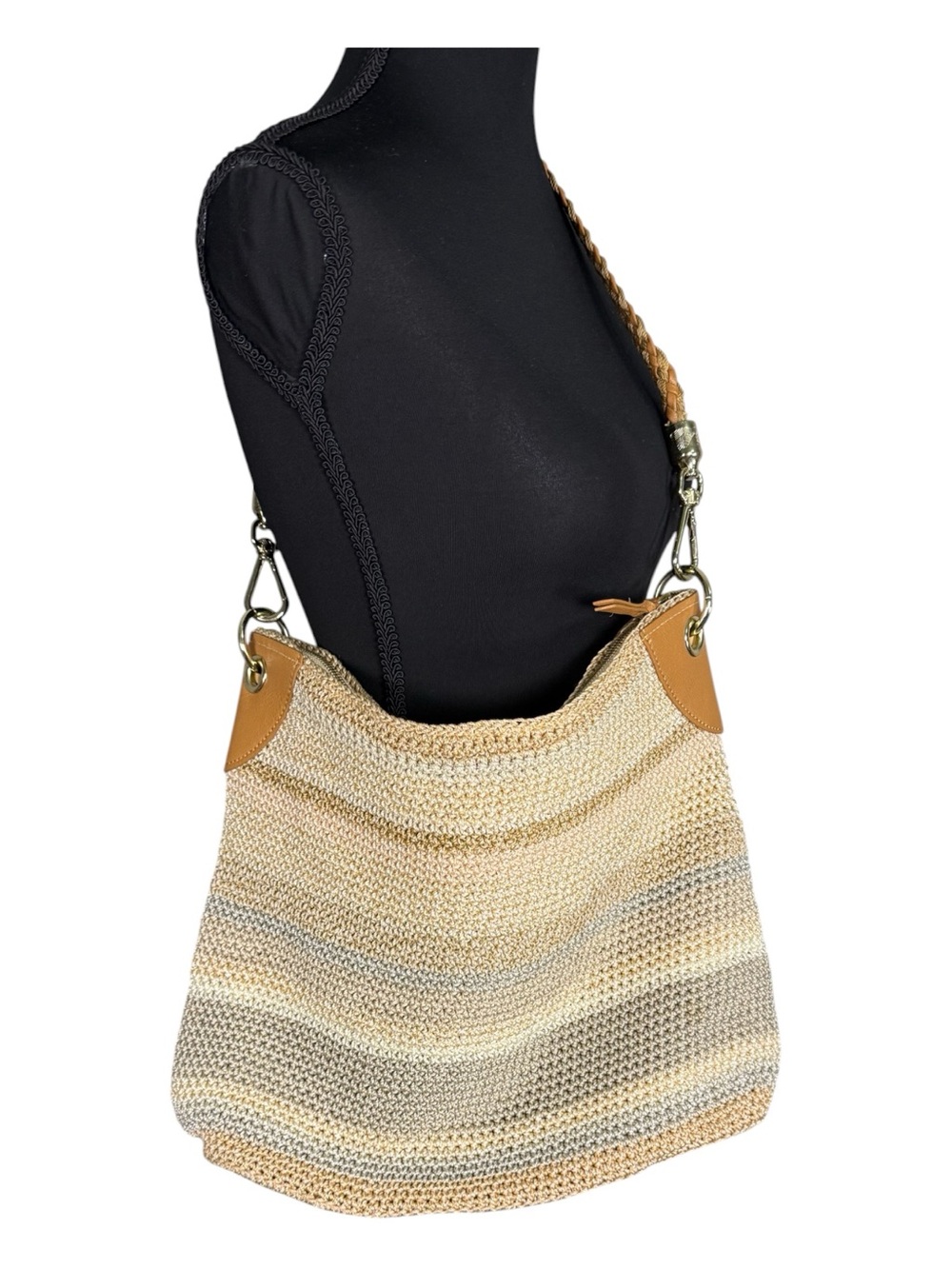 The Sak Indio Crochet Hobo Bag Neutral Stripe Braided Strap Boho Shoulder Purse